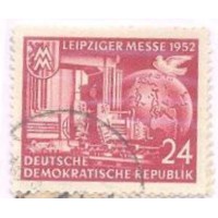 ALEMANHA DDR - FEIRA DE OUTONO DE LEIPZIG - COMPOSIÇÃO COM GLOBO TERRESTRE, POMBA DA PAZ E MÁQUINAS PESADAS - SÉRIE 2 SELOS - YT-0067/68 - 1952 - USADO 