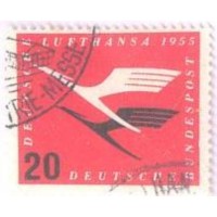 ALEMANHA FEDERAL - 1955 - USADO - REABERTURA DA COMPANHIA AÉREA LUFTHANSA - 20p VERMELHO E PRETO - EMBLEMA (AVES ESTILIZADAS) - YT-84 - MI-208 