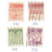 ALEMANHA FEDERAL - 1966-69 - USADO - 4 SELOS DA SÉRIE EDIFÍCIOS HISTÓRICOS - 60p-80p-110p-130p-2D - YT-361+362+395+397A - MI-496+501+502+503 