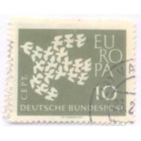 ALEMANHA FEDERAL - 1961 - USADO - TEMA EUROPA: POMBA DA PAZ FORMADA POR VÁRIAS POMBINHAS SÉRIE 2 SELOS + 1 SELO DE 10p VERDE FLORESCENTE - YT-239/240+239a 