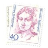 ALEMANHA FEDERAL - 1987 - MINT - SÉRIE CORRENTE - MULHERES DA HISTÓRIA ALEMÃ: 40p MARIA SIBYLLA MERIAN - PINTORA - 60p DOROTHE ERLXLEBEN MÉDICA - 2 SELOS - YT-163+164 
