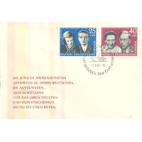 ALEMANHA DDR - 1961 - USADO - LEMBRANÇAS DOS ANTIFASCISTA: SOPHIE E HANS SCOLL - HILDE E HANS COPPI - 2 SELOS SOBRE FDC NÃO CIRCULADO - YT-568+569 