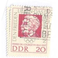 ALEMANHA DDR - 1963 - USADO - CENTENÁRIO DO NASCIMENTO DE PIERRE DE CUBERTIN RENOVADOR DOS JOGOS OLÍMPICOS - RETRATO - ESTÁDIO E ARCOS - SÉRIE 2 SELOS - YT-646/47