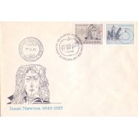 HUNGRIA - 1977 - CIÊNCIA: 250º ANIVERSÁRIO DA MORTE DO FÍSICO E MATEMÁTICO ISAAC NEWTON (1643-1727) - CARICATURA - SELO VINHETA SOBRE FDC - YT-2564