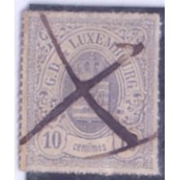 LUXEMBURGO - 1865-1873 - BRASÃO 10c VIOLETA ACINZENTADO PERCÊ EM LINHAS COLORIDAS - OBLITERADO A MÃO - YT-0017 