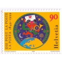 SUIÇA - 1999 - CORREIO - 150º ANIVERSÁRIO DO CORREIO - COMPOSIÇÃO SIMBÓLICA C/ GLOBO TERRESTRE CARTEIRO E CARTAS - YT-1600 