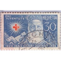 SUIÇA - 1928 - USADO - PRÓ JUVENTUDE - 30 (+10) AZUL E VERMELHO CENTENÁRIO DO NASCIMENTO DE HENRI DUNANT FUNDADOR DA CRUZ VERMELHA - RETRATO E EMBLEMA - YT-0234