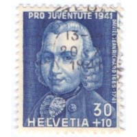 SUIÇA - 1941 - USADO - PRÓ-JUVENTUDE - 30c+10c AZUL: DANIEL JEANRICHARD - YT-0374 