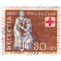 SUIÇA - 1957 - USADO - PRÓ PÁTRIA - 30c + 10c MARROM, CARMIM E MARROM AMARELADO E CINZA: A CARIDADE - YT-0593