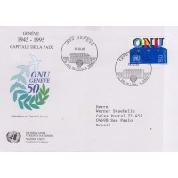 SUIÇA - 1995 - FDC - PAZ - 50º ANIVERSÁRIO DA ORGANIZAÇÃO DAS NAÇÕES UNIDAS - SOBRE FDC ILUSTRADO C/ CARIMBO ALUSIVO - DE 15-10-95 DE GENEVE - CIRCULADO PARA O BRASIL - YT-1471
