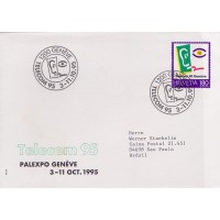 SUIÇA - 1995 - FDC - TELECOMUNICAÇÃO - TELECOM 95 EM GENEVE - SOBRE FDC ILUSTRADO C/ CARIMBO ALUSIVO 3-11-95 DE GEMEVE - CIRCULADO PARA O BRASIL - YT-1486
