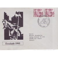SUIÇA - 1977 - HISTÓRIA - A ESCALADA DE GENEVE - PAR SOBRE ENVELOPE ILUSTRADO C/ O ASSUNTO E CARIMBO DE 19955 - COMEMORABDO A DATA DO EPISÓDIO 1602-1995 DE GENEVE CIRCULADO PARA O BRASIL