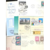 ONU - CONJUNTO COM 11 FDC ILUSTRADOS SENDO: 6 ENDEREÇADOS + 2 FDC SEM ILUSTRAÇÃO E ENDEREÇADOS + 7 MÁXIMOS POSTAIS NÃO ENDEREÇADOS + 1 BILHETE