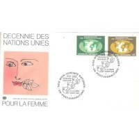 ONU VIENA - 1980 - FDC - DECÊNIO DAS NAÇÕES UNIDAS PARA A MULHER - GLOBO TERRESTRE E SÍMBOLO - SÉRIE 2 SELOS SOBRE FDC ILUSTRADO - C/ CARIMBO CBC