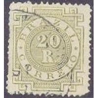 I-62 - 1887 - TIPOS CIFRA, CRUZEIRO DO SUL COROA IMPERIAL E PÃO DE AÇÚCAR - 20 RÉIS - OLIVA ESVERDEADO A AMARELADO - CARIMBADO - CHARNEIRA 