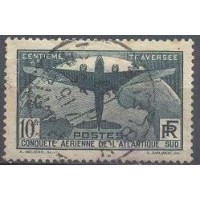 FRANÇA - Y 0321 (1936) 100º TRAVESSIA AÉREA DO ATLÃNTICO SUL 10f VERDE ESCURO AVIÃO SOBRE GLOBO TERRESTRE- USADO, MUITO BONITO