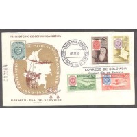 COLÔMBIA AÉREO FDC SELO SOBRE SELO - Y A-0341/344 (1959) - CENTENÁRIO DO SELO COLOMBIANO - REPRODUÇÃO DE SELOS ANTIGOS - AVIÕES- MAPA - 4 SELOS SOBRE FDC ILUSTRADO