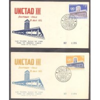 CHILE - Y 384+386 (1972) PAZ UNCTAD III -3ª CONFERÊNCIA DA O.N.U. PARA O COMÉRCIO E DESENVOLVIMENTO EM SANTIAGO: EDIFÍCIO DA CONFERÊNCIA - 2 SELOS SOBRE 2 FDC ILUSTRADOS E COM OS SEGUINTES DIZERES: LAS CUATRO RAZAS SE UNEN PARA UM DESTINO COMUN