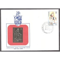 GIBRALTAR - TEMA EUROPA MITOLOGIA - Y 0419 (1981) TEMA EUROPA - MITOLOGIA -AS COLUNAS DE HÉRCULES, 15p HÉRCULES EM PÉ - SELO SOBRE FDC ILUSTRADO COM SELO DE OURO