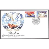 GIBRALTAR - PAZ MÃO - Y 0744/748 (1995) PAZ/ MÃOS: 50º ANIVERSÁRIO DA ORGANIZAÇÃO DAS NAÇÕES UNIDAS APERTO DE MÃOS E POMBA DA PAZ - EMBLEMA DA O.N.U.- 2 SELOS/ FDC