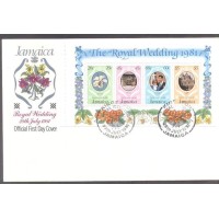 JAMAICA - Y 0528/531 (1981) CASAMENTO REAL DO PRÍNCIPE CHARLES E LADY DIANA-ORQUIDEA BRANCA-SÉRIE (4) FOLHA DE CARNÊ - 4 SELOS E MARGENS ENFEITADAS SOBRE FDC OFICIAL ILUSTRADO 