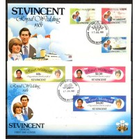 ST. VINCENT - Y 0622/627 (1981) CASAMENTO REAL DO PRÍNCIPE CHARLES E LADY DIANA - NAVIOS - SÉRIE 6 SELOS SOBRE DOIS FDC OFICIAIS ILUSTRADOS-UM DELES COM NAVIO - VALOR DA SÉRIE NO CATÁLOGO NOVA OU USADA 