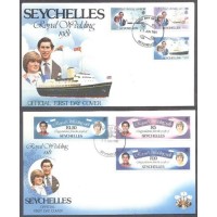 SEYCHELLES - Y 0475/480 (1981) - CASAMENTO REAL DO PRÍNCIPE CHARLES E LADY DIANA - NAVIOS - SÉRIE 6 SELOS SOBRE DOIS FDC OFICIAIS ILUSTRADOS - UM DELES COM NAVIO - VALOR DA SÉRIE NO CAT NOVA OU USADA