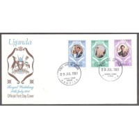 UGANDA - Y 264/266 (1981) - CASAMENTO REAL DO PRÍNCIPE CHARLES DE LADY DIANA - REIMPRESSÃO JÁ COM OS NOVOS VALORES, SEM SOBRECARGA -SÉRIE 3 SELOS COM CORES E DENTEAÇÕES DIFERENTES SOBRE FDC ILUSTRADO 