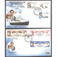 GRENADINES DE SAINT VINCENT - FDC - Y 0210/215 (1981) CASAMENTO REAL DO PRÍNCIPE CHARLES E LADY DIANA- NAVIOS - SÉRIE 6 SELOS SOBRE 2 FDC ILUSTRADOS, UM DELES COM NAVIO 