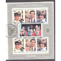 GUERNSEY - FDC - Y 0220/226 (1981) CASAMENTO REAL DO PRÍNCIPE CHARLES DE LADY DIANA- FOLHINHA -A SÉRIE COMPOSTA POR 7 SELOS DIFERENTES SOBRE FDC ILUSTRADO 