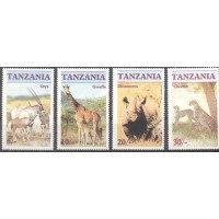TANZÂNIA - Y 0285/284 (1986) FAUNA : ANIMAIS EM PERIGO DE EXTINÇÃO : ORYX, GIRAFA, RINOCERONTE E GUEPARDO - LINDA SÉRIE COM 4 SELOS MINT