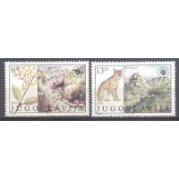 YUGOSLÁVIA - ANO 2013 - Y1794/1795 (1981)-ECOLOGIA/FAUNA/FLORA/ANEXO DO TEMA EUROPA: PROTEÇÃO DO MEIO AMBIENTE EMBLEMA DO INSTITUTO EUROPEU, FLOR E REGATO RUGOVO E LINCE SÉRIE COM 2 SELOS MINT