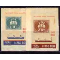 PERU - Y 942/943 (1990) SESQUICENTENÁRIO DA COMPANHIA DE NAVEGAÇÃODE VAPORES DO PACÍFICO-SILHUETA DE BARCO E SELO SOBRE SELO - SÉRIE 2 SELOS AUTO ADESIVOS NOVOS