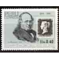PERU - Y 960 (1992) 150º ANIVERSÁRIO DA CRIAÇÃO DO PRIMEIRO SELO POSTAL - RETRATO DE SIR ROWLAND HILL E REPRODUÇÃO DO PRIMEIRO SELO: O PENNY BLACK-SELO NOVO SEM GOMA