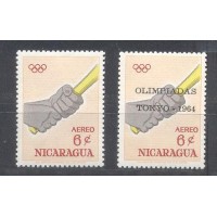 NICARAGUA AEREO - Y A-497+525 (1964) MÃO : JOGOS OLÍMPICOS DE TOKYO 6c MÃOS SEGURANDO BASTÃO DE BASEBAL - 2 SELOS MINT DE 2 SÉRIES GRANDES MAS OS ÚNICOS ASSIM SÓ COM MÃOS