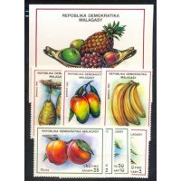 MADAGASCAR - FRUTAS - YVERT 1053/59 + BL 76 - ANO 1992 - BELÍSSIMA SERIE CONTENDO DIVERSOS FRUTOS COM A BANANA, LARANJA, MORANGO, ETC. - NOVO COMPLETO COM GOMA PERFEITA 
