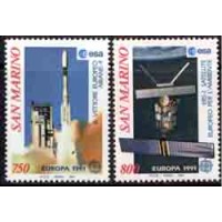 SELOS SAN MARINO - TEMA EUROPA - ASTRONÁUTICA - SELOS SAN MARINO - TEMA EUROPA - Y 1264/1265 (1991) - A EUROPA NO ESPAÇO - FOGUETE E SATÉLITE - SÉRIE 2 SELOS MINT