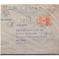 CARTA AÉREA CIRCULADA DE NATAL (RN) PARA SÃO PAULO EM FEVEREIRO DE 1935 FRANQUIA DE 1.000 RÉIS COM SELO ÁÉREO DE 1.000 RÉIS AERONAVE JAHU RIBEIRO DE BARROS - CARIMBO NO VERSO DE CHEGADA EM SÃO PAULO EM 13 DE FEVEREIRO DE 1935