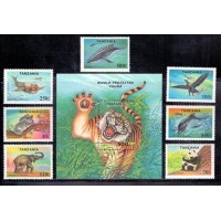 FAUNA - TANZÂNIA - PROTEÇÃO MUNDIAL - 1 BLOCO E 7 SELOS