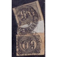 I-14  - CARIMBO CGC BRASIL - 31/05/1862 - 60 RÉIS - VERTICAIS - 2 SELOS SOBRE FRAGMENTO