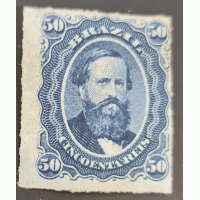 I-32B - 1876 - DOM PEDRO II PERCÉ 50 RÉIS - AZUL – NOVO GOMADO – VARIEDADE CATALOGADA: PAPEL TINTADO – LINDÍSSIMO - RHM 350 UFS