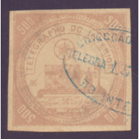 T-02 - TELÉGRAFO 500 RÉIS – CARIMBO CONTROLE VERSO (COMPLETO) - CARMIM ROSADO – CARIMBADO – ÓTIMAS MARGENS PRA ESSA EMISSÃO – PERFEITO – LINDO  RHM 5.000 UFS - NOVO MARCA 30.000 UFS E EXISTEM APENAS 6 SELOS