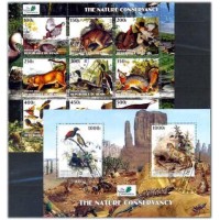 BENIN - FAUNA FELINOS E AVES - SERIE 9 SELOS USADOS EMITIDOS EM FOLHINHA E UM BLOCO USADO