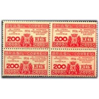 C-0111 - 1936 - 9° FEIRA INTERNACIONAL DE AMOSTRAS NO RIO DE JANEIRO - 200 RÉIS VERMELHO EMBLEMA - QUADRA - MINT - GOMADA - RHM R$ 180,00 (36 UFs X R$ 5,00)