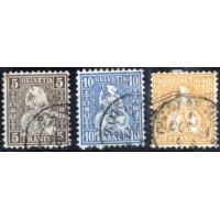 SUIÇA - Y 0035+36+37 (1862) HELVETIA SENTADA OLHANDO PARA A ESQUERDA- 5c+10c+20c -3 SELOS DE SÉRIE DE  9 - USADOS 