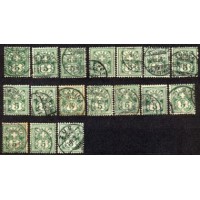 SUIÇA - Y 0066 + 102 (1882-99-1905-07) CIFRA 5c VERDE - 17 SELOS USADOS - BOM PARA ESTUDO DE CARIMBOS E FILIGRANAS  - EMBORA BARATO E REPETIDO, É UM SELO CLÁSSICO