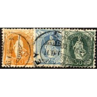 SUIÇA - USADO - Y 0093+94+97 (1905-1906) HELVETIA EM PÉ : 20c, 25c, 50c - 3 SELOS DE SÉRIE DE 9