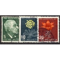 SUIÇA - Y 0445+446+447 (1947) PRÓ JUVENTUDE - PERSONALIDADE E FLORES ; J.BURCKHARDT , PRIMAVERA E LÍRIO - 3 SELOS DE SÉRIE DE 4 