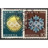SUIÇA - Y 0449+450 (1948) JOGOS OLÍMPICOS DE INVERNO EM SAINT MORITZ - ARCOS OLÍMPICOS 2 SELOS DE SÉRIE DE 4 - USADOS 