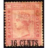 MAURITIUS - Y 67 (1883-1887) EFÍGIE DA RAINHA VICTORIA - SOBRECARGA 16 CENTS SOBRE 17 CENTS ROSA - NOVO SEM GOMA E COM UM POUQUINHO DE FERRUGEM